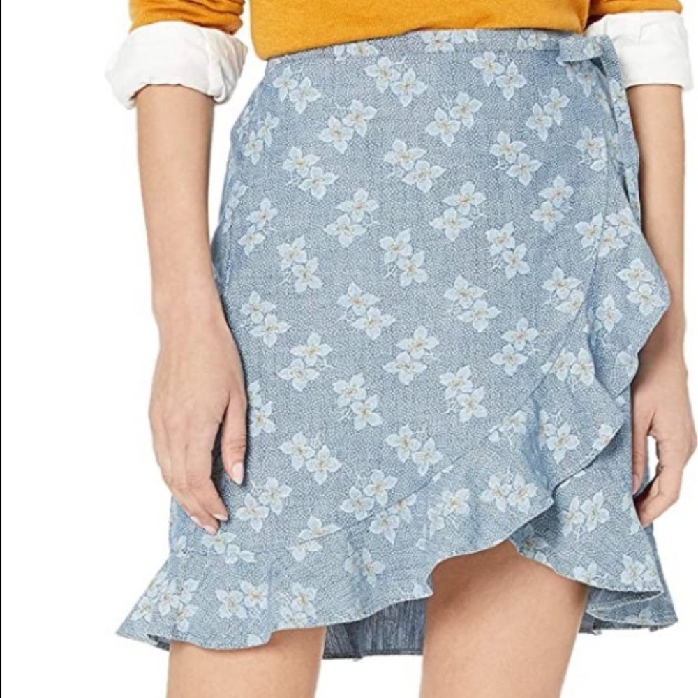 J. Crew Mercantile Chambray Faux Wrap Skirt Floral Blue Yellow Size Large